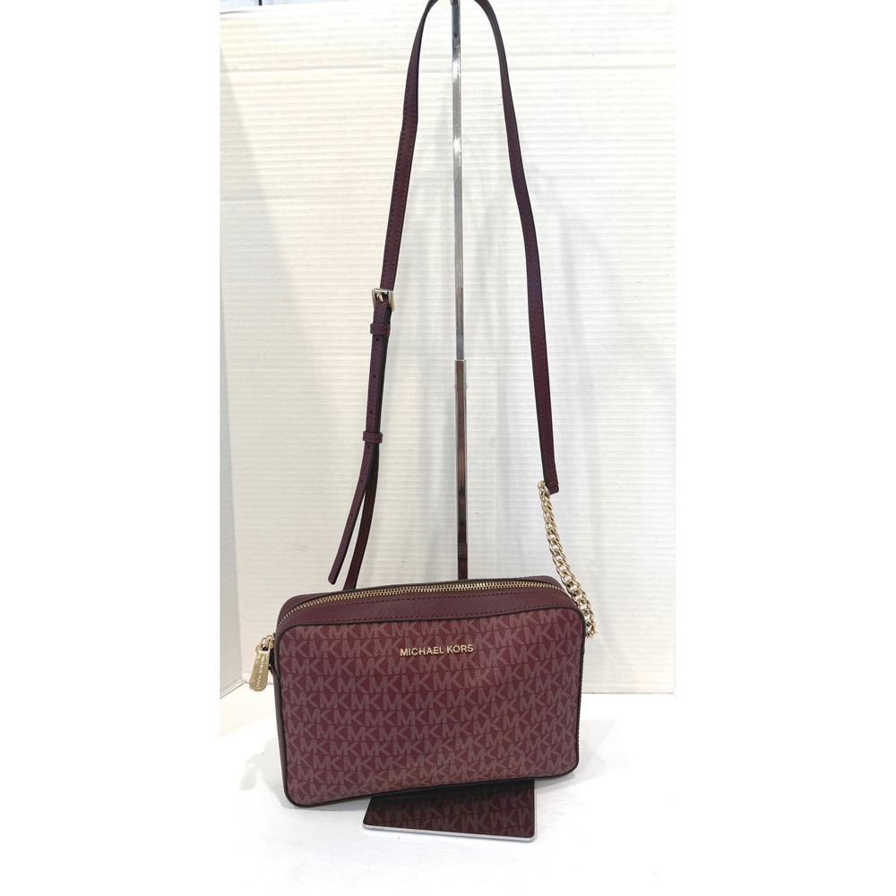 Michael Kors Jet Set Burgundy Signature Monogram Chain Crossbody‎ Bag
